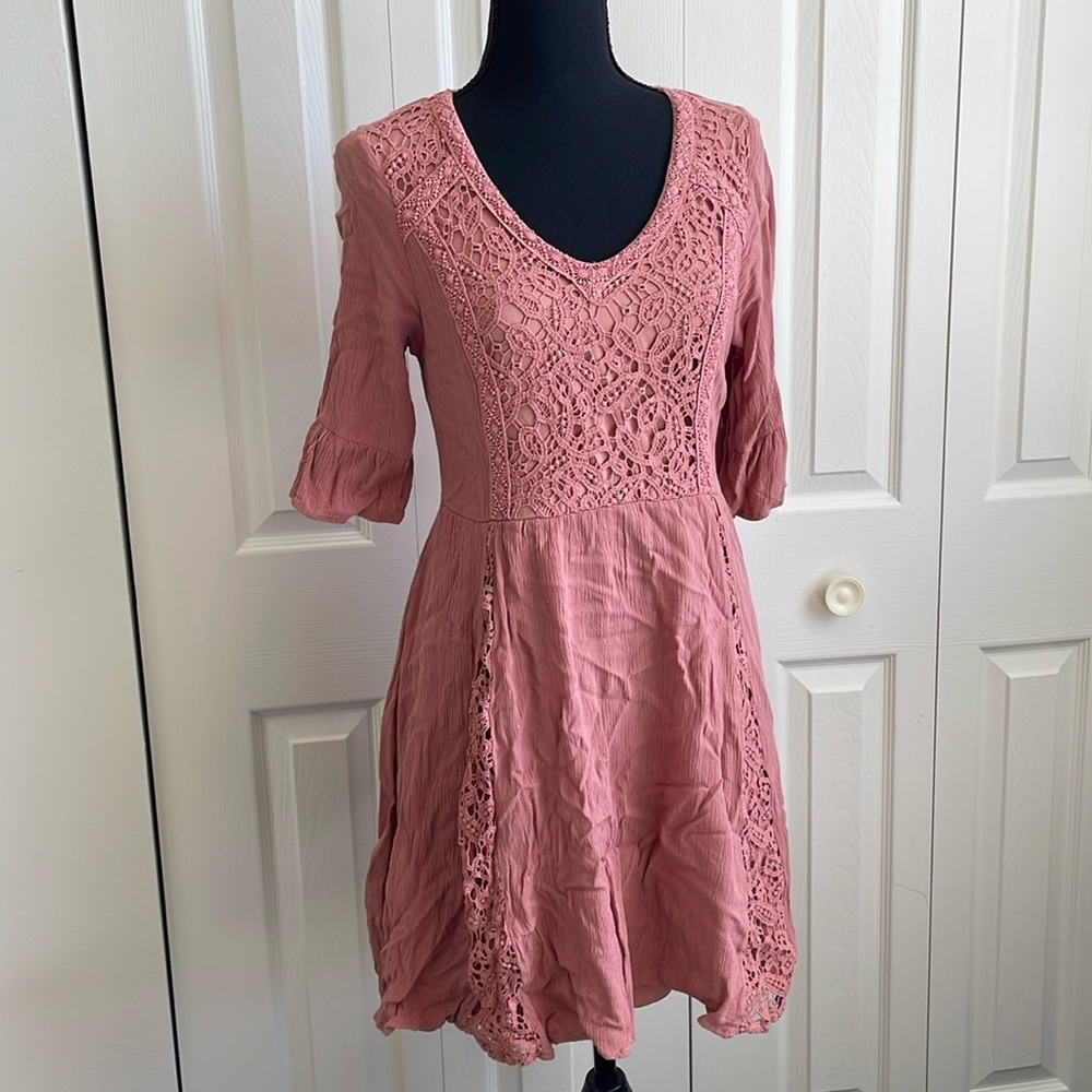 Maurice’s size medium rose pink dress with lace trimming 100% rayon